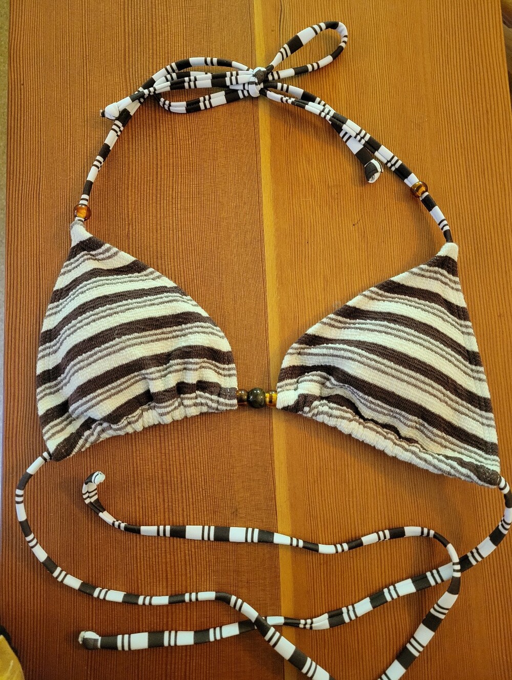 Brown and Cream Striped Triangle Halter Bikini Top